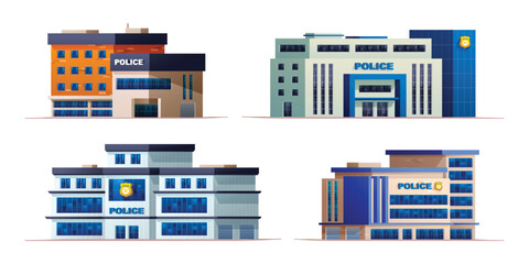 Set of police station buildings. Vector cartoon illustration isolated on white background