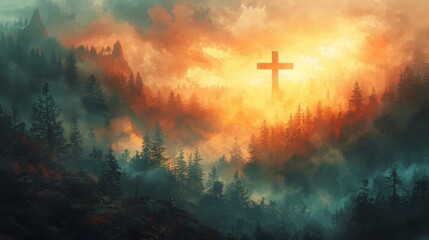 Obraz premium Christian cross depicted in a vibrant watercolor painting, placed against the backdrop of a majestic forest bathed in golden sunlight. Copyspace background for conveying Christian symbolism.