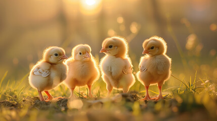 Four cute yellow chicks standing in a line in the grass