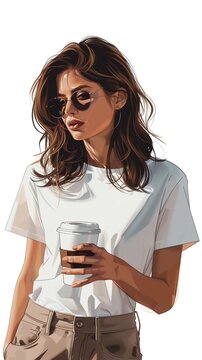 Fulllength vector design of a woman holding a cup of coffee, depicted on a tshirt, blending minimalism with the warmth of a beautiful morning, 