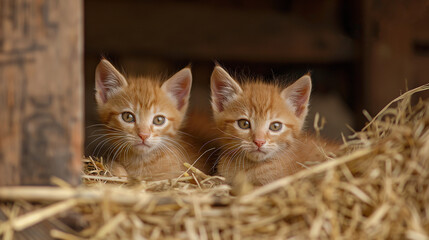 Two cute curious red kittens in the hay - obrazy, fototapety, plakaty