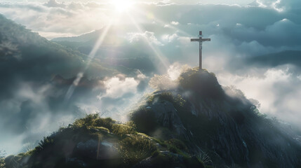 A cross is on top of a mountain in the clouds