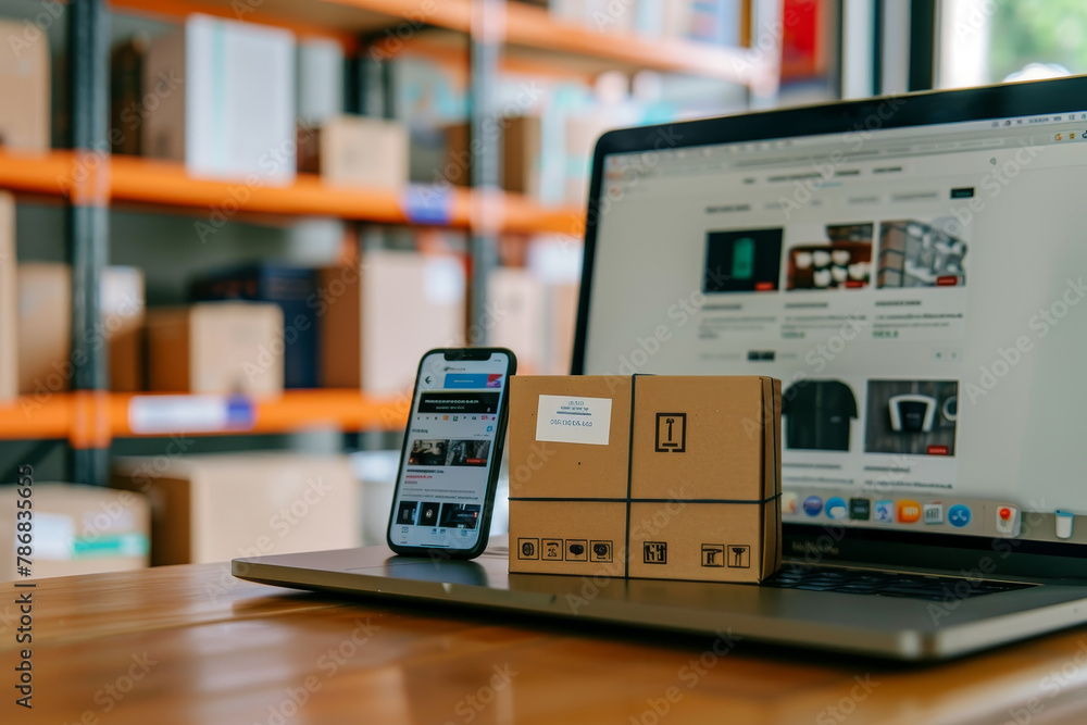 Poster a laptop and a cell phone are on a table with a cardboard box in front of them