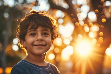Portrait of a little boy in the park at sunset. Happy childhood.