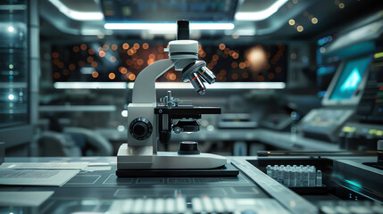 Scientific microscope in a futuristic lab, clear space for text, - obrazy, fototapety, plakaty