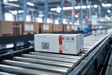 A white box with a red sticker on it is sitting on a conveyor belt in a factory