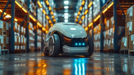 Step into the future with a glimpse of a warehouse where a sleek and advanced robot effortlessly navigates the aisles, its humanoid form exuding efficiency and precision as it assists in logistics