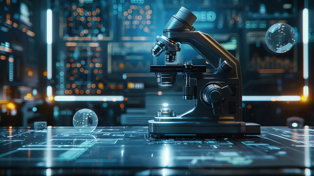 Scientific microscope in a futuristic lab, clear space for text,