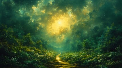 Follow the ethereal path to heaven as rays of divine light cascade through a canopy of verdant...