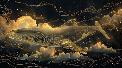 Luxurious art background featuring an ethereal whale gliding through clouds, depicted in golden line art, creating an elegant and majestic scene
