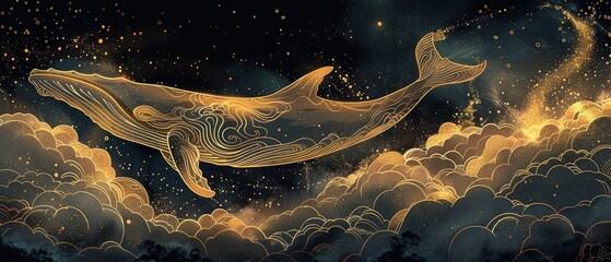 Stunning art background of a whale in the clouds, crafted in golden line art style, evoking a sense of luxury and dreamlike wonder