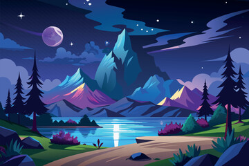 Nature Landscape with Milky Way cartoon vector Illustration flat style artwork concept