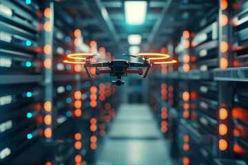 A drone is flying in a large room with orange lights - Powered by Adobe