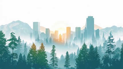 Skyscrapers in animated forest and mountain environment, white background, illustration, copy area - obrazy, fototapety, plakaty