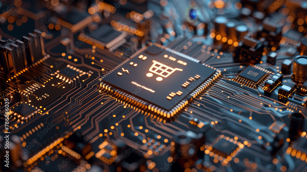 Poster a computer chip with a shopping cart on it