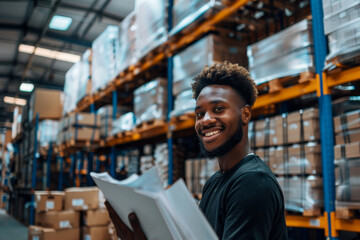 A man is smiling and holding a piece of paper in a warehouse
