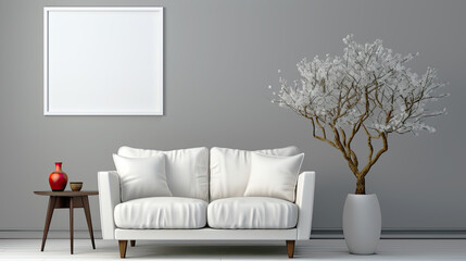 Minimalist White Sofa and Abstract Tree in Serene Living Room Decor