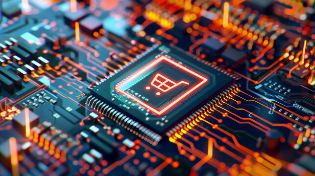 A computer chip with a shopping cart symbol on it