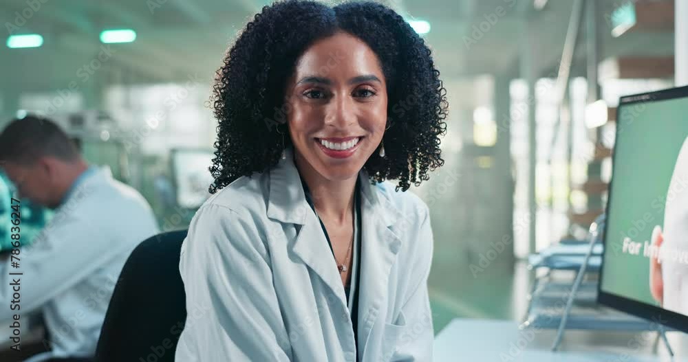 Poster scientist, woman and face or smile in laboratory with computer for cognitive study, medical research
