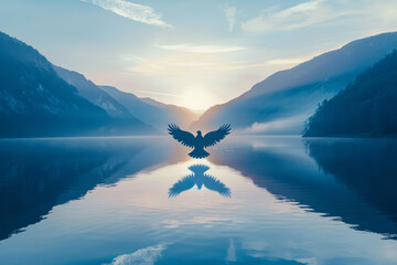 A bird is flying over a lake with a beautiful blue sky in the background