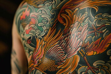 A man's back is covered in a colorful tattoo of a bird with red and orange wings