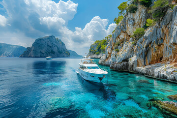 Luxury Yacht Anchored by Serene Rocky Cove