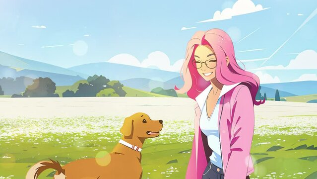 Girl playing with her little puppy in a sunny flower field. Animated Background