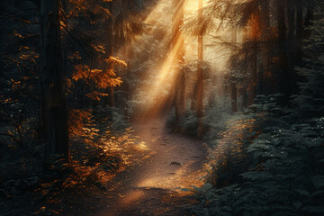 Obraz premium A forest path is illuminated by the sun, creating a peaceful