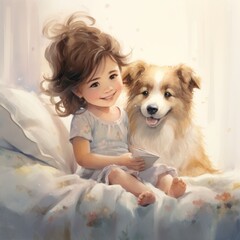 A cute little girl is sitting on a bed with her dog. She is smiling and reading a book. The dog is looking up at her with a happy expression. - obrazy, fototapety, plakaty