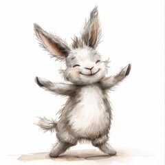 A cute rabbit with gray fur and long ears is standing on its hind legs with its arms outstretched in the air. It has a happy expression on its face. The background is white.