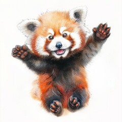 A cute red panda with its paws in the air