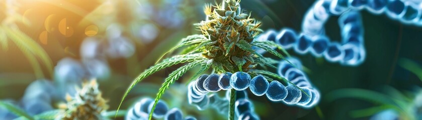 Genetic basis of diseases interwoven with cannabis medical benefits, a hopeful and vibrant composition - obrazy, fototapety, plakaty