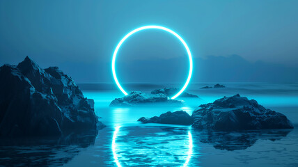 Mystical azure neon ring on a reflective ocean surface between dark cliffs, concept of surreal...
