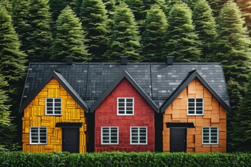 Colorful houses with a backdrop of evergreen trees.