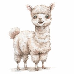 A cute watercolor llama illustration with a happy expression on its face.