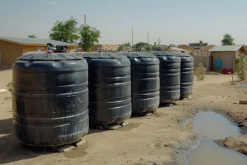 A line of large black rainwater tanks installed in a dry, arid community environment.