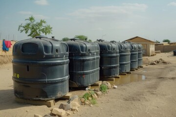 A line of large black rainwater tanks installed in a dry, arid community environment.