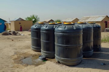 A line of large black rainwater tanks installed in a dry, arid community environment.