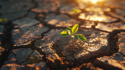 Solitary sapling bravely sprouting through parched earth at golden hour, Symbol of growth against adversity - obrazy, fototapety, plakaty