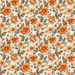 Floral orange color, form natural, seamless fabric pattern.