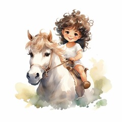 A watercolor painting of a girl with curly brown hair riding a white pony. The girl is wearing a white shirt and brown pants. The pony has a brown mane and tail. The background is a watercolor wash of