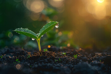 A small plant is growing in the dirt - obrazy, fototapety, plakaty
