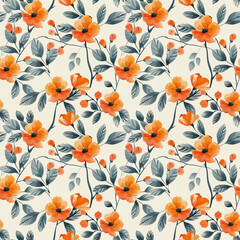 Floral orange color, form natural, seamless fabric pattern.