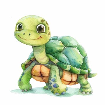 A watercolor painting of a happy green turtle, with a friendly smile on its face.