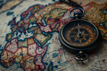 Fototapeta na wymiar A compass is on a map of the world