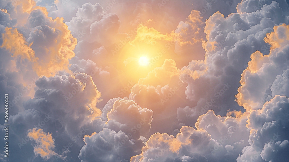 Poster beaming lemon sun and soft periwinkle clouds on gray create an uplifting atmosphere.