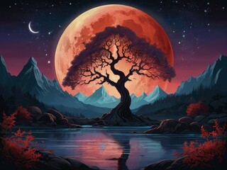 night landscape with red moon 