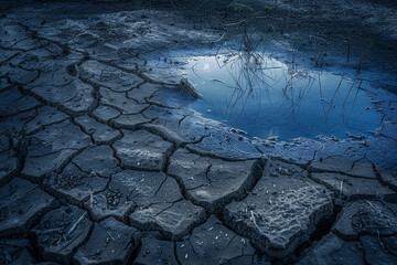 A cracked, dry ground with a small body of water - Powered by Adobe