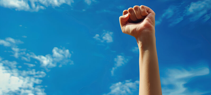 Power fist on sky-clouds background Celebration Raise your hand to the sky  Clenched fists raised high in the air symbolizing triumph and a sense of achievement.