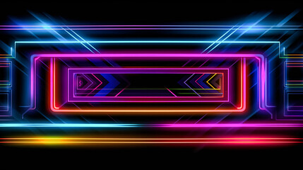 A colorful, neon-lit background with red, blue, and purple lines.